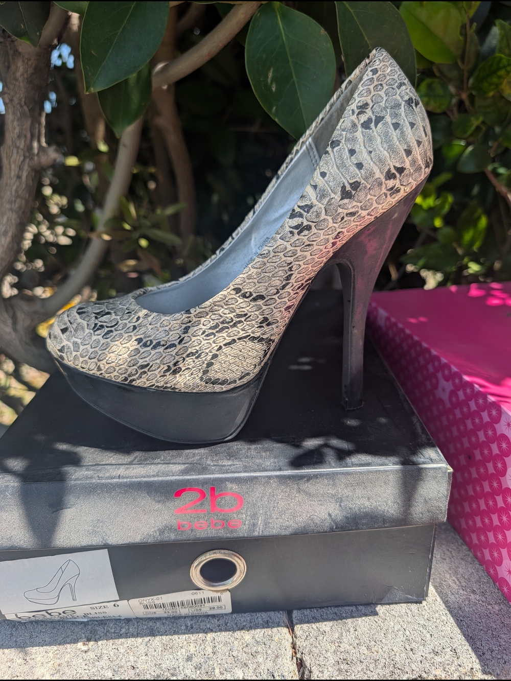 bebe Snake-Print Platform Pump in Beige and Black